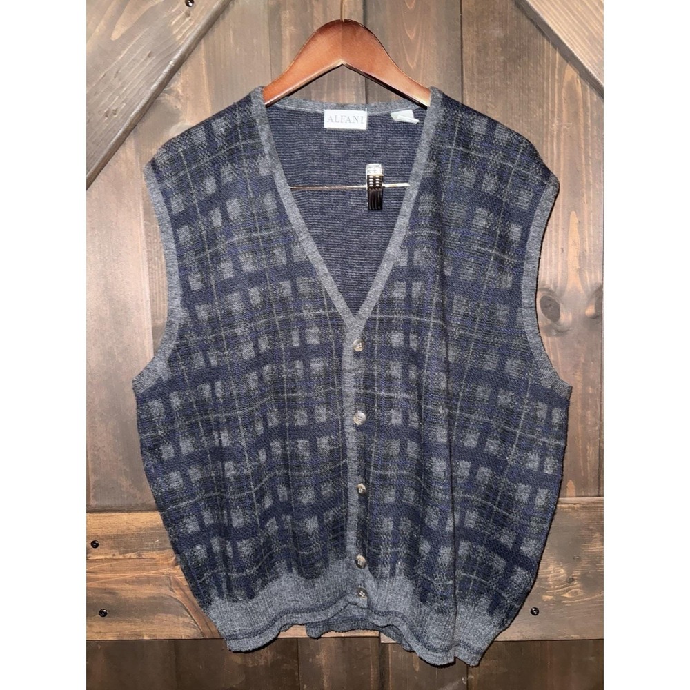 VTG Alfani Italy Sweater Vest Size XL Wool Blend Checker Blocks Blue Gray